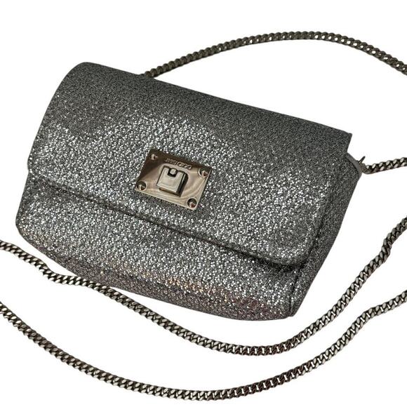 Jimmy Choo Ruby L Glitter Crossbody Bag Link Chain Metallic Grey Glitter - Picture 1 of 12